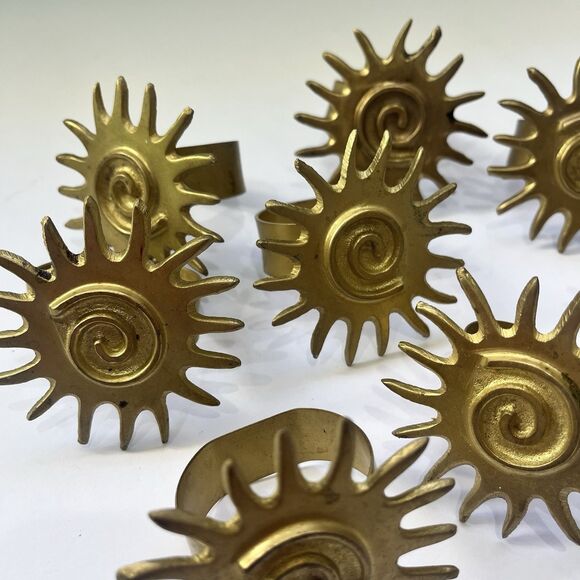 Celestial Sun Swirl Vintage Brass Napkin Rings, Set of 8 Gold Tone Goddess Solar - Picture 2 of 10